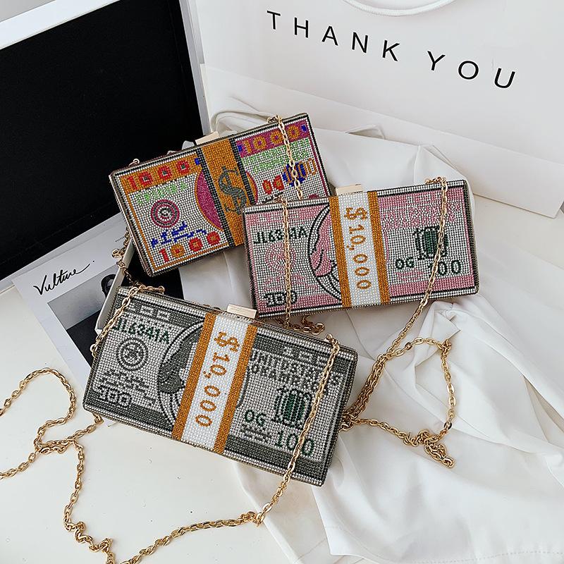 

Dollar Money Shoulder Bag For Women Luxury Mini Box Purses Handbags Rhinestone Evening Clutches New Dinner Party Fashion Bags, Orange