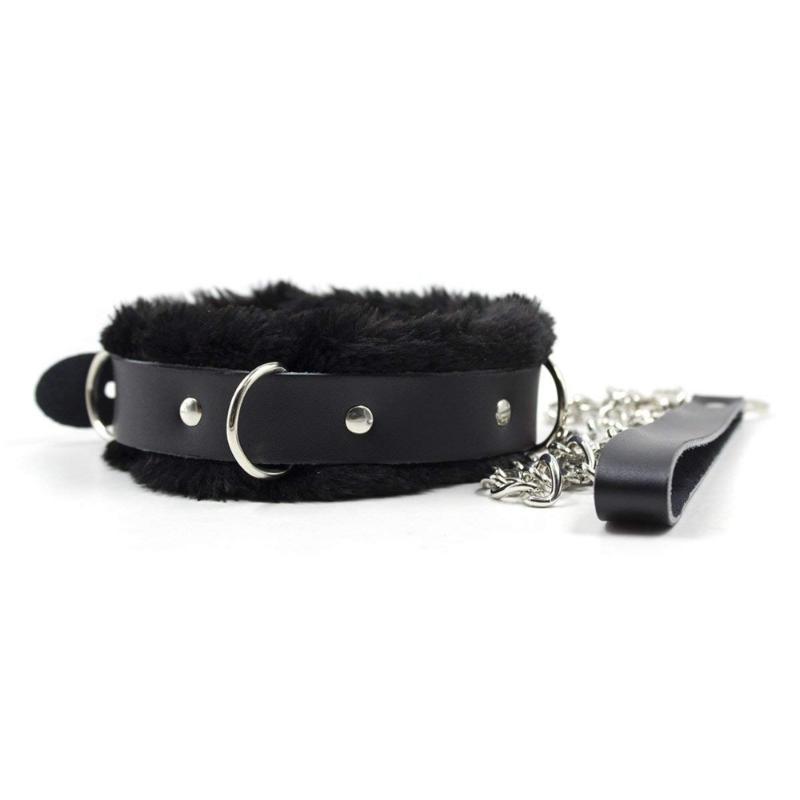 

Woogge New Adjustable Black Real Leather Neck Collar with Chain Leash Faux Fur Lined D Choker Necklace Animal Pet Accessories