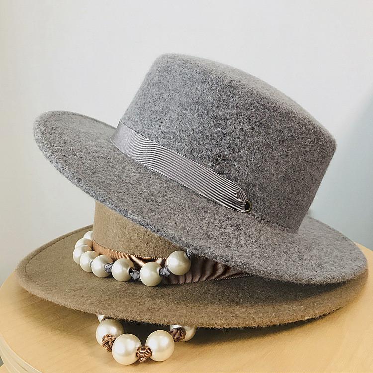 

202010-xintao-pearl ribbon wool lady fedoras cap women leisure panama jazz hat, Black