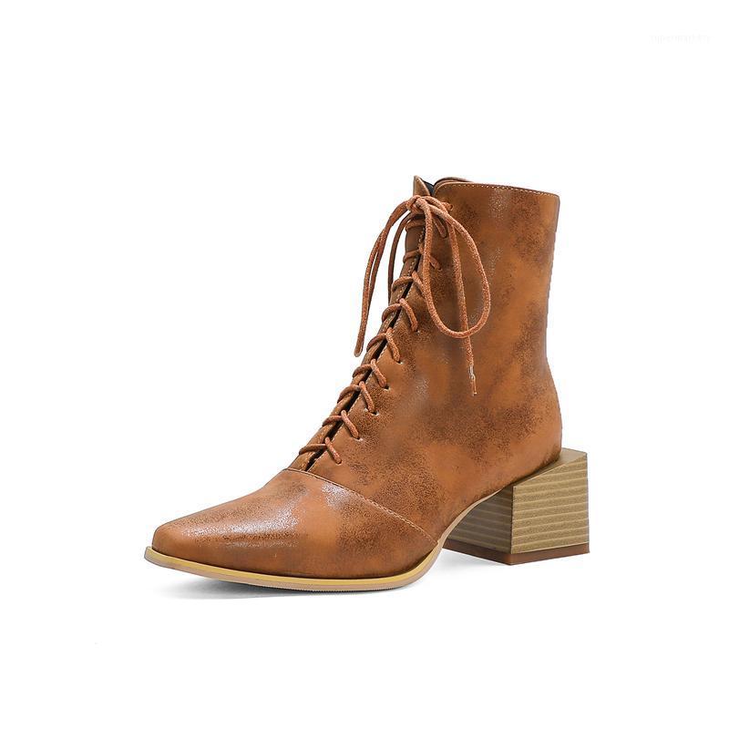 

DEEZLA black Lace up Ankle Boots Women Platform fashion Side zipper Boots Heels woman Autumn Winter shoes brown Female 2021 New1