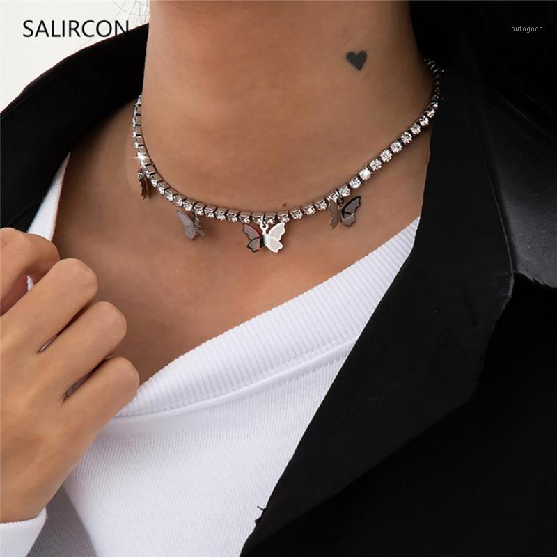 

Chokers Salircon Kpop Rhinestone Butterfly Pendants Choker Necklace Aesthetic Stainless Steel Tennis Chain For Women Jewelry1
