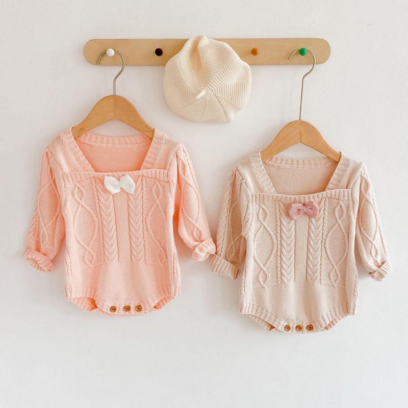 

New 2021 Spring Clothing Infant Newborn Baby Girls Knitted Bodysuit Long Sleeve Solid Bow Ruffled Jumpsuit Outfit Set 0-3t Yv8q, S031light pink