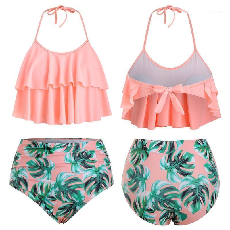 

bikinis 2020 mujer Women Padded Swimwear Plus Size Halter Ruffled Palm Print Swimsuit Tankini Set separate female swimsuit mayo1