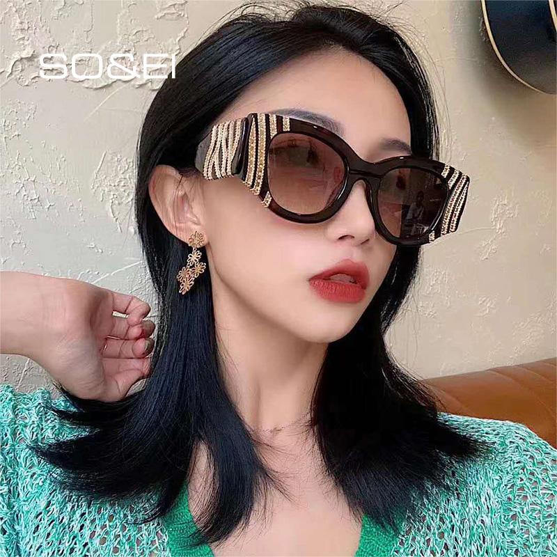 

SO&EI Fashion Cat Eye Women Luxury Metal Decoration Sunglasses Vintage Gradient Lens Eyewear Men Sun Glasses Shades UV400