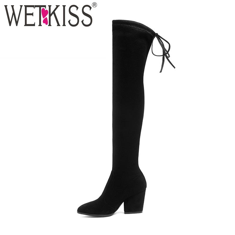 

WETKISS 2020 Fashion Trend Women Stretch Thigh High Boot Thick High Heels Lady Winter Shoes Female Lace Over Knee Boot Big, Red