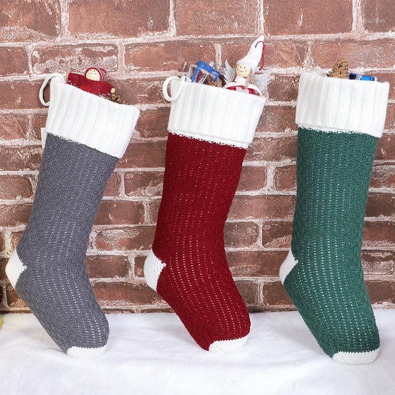 

Knitted Christmas Stockings Gift Holder Bag Fireplace Hanging Decorations Socks Stitching Colored New Year Candy Gifts Decor1