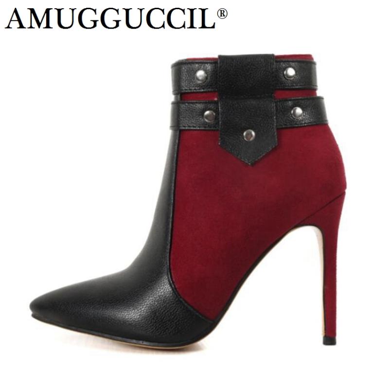 

Plus Big Size 32-46 Black Red Blue Rivets Zip High Heel Spring Autumn Girls Females Lady Ankle Women Boots X1670