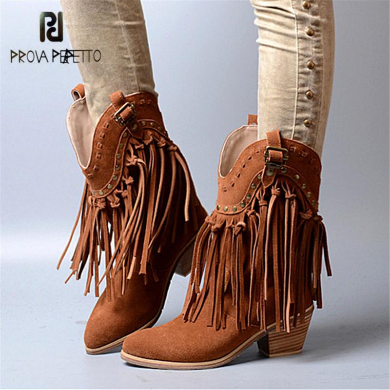 

Prova Perfetto Full Tassels Women Chunky High Heel Boots Suede Fringed Slip On Women Platform Pumps Rivets Autumn Winter Botas, Black
