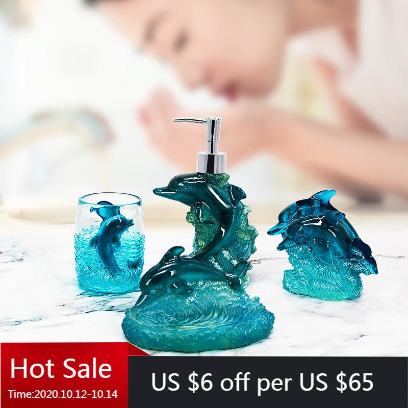 

Fine Resin Soap Dish Dispenser Toothbrush Holder Tumbler Bathroom Accessories 4 Piece Set Dolphin Design Gift Decorative