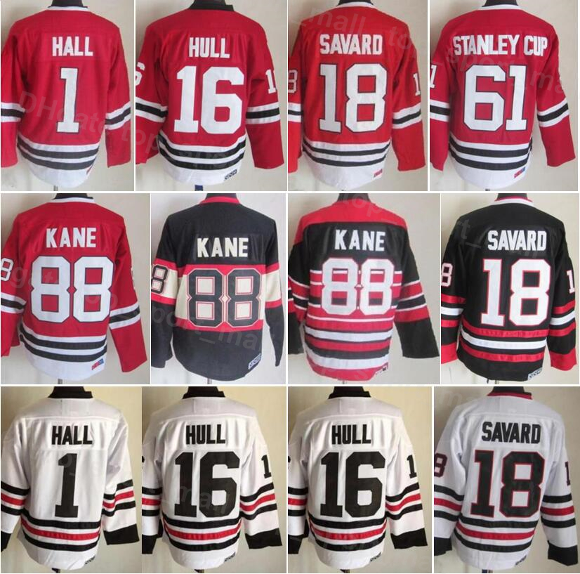 

Men Vintage Retro Ice Hockey 16 Brett Hull Jersey 1 Glenn Hall 18 Denis Savard 61 Stanley Cup 88 Patrick Kane 35 Tony Esposito Home Black Red White Stitched HeiYing, 88 black