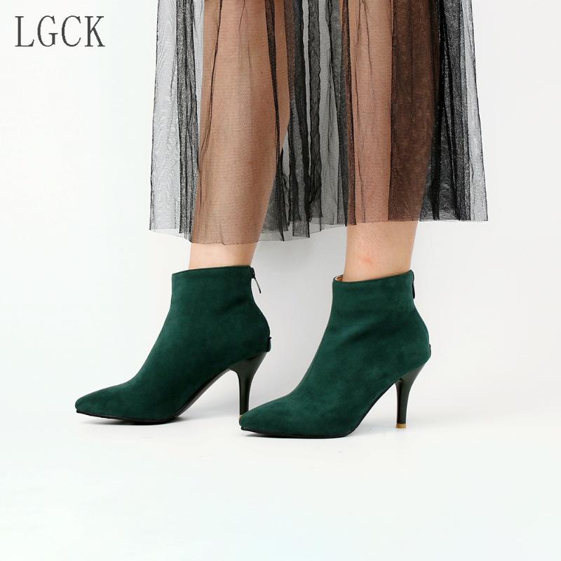 

Plus Size 34-48 Fashion Women Ankle Boots Stiletto High Heels Sexy Sock Shoes Pumps Cow Suede Pointed Toe Zip Boots Zapatos Muje, Green thin lining