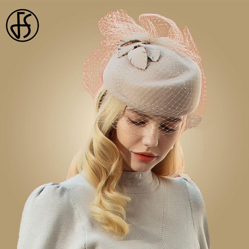

FS Vintage Wool French Beret Hats For Women Fedora With Veils Camel Felt Hats Winter Elegant Ladies Wedding Pillbox Hat, Red