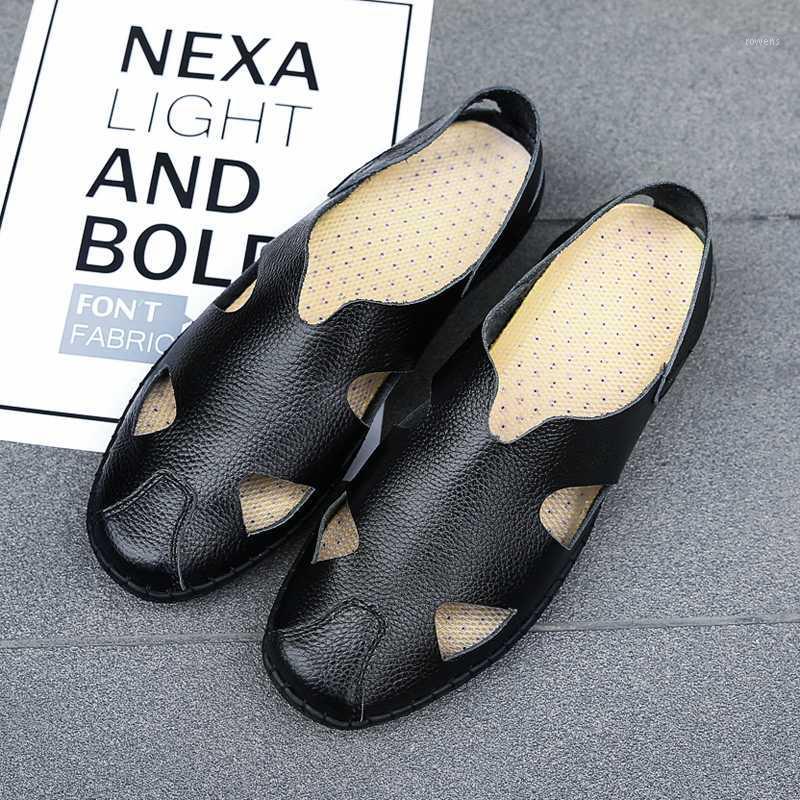 

Valstone Men Summer Sandals Genuine leather summer shoes white slip-on flats Black handmade non-slip slippers plus size 38-471