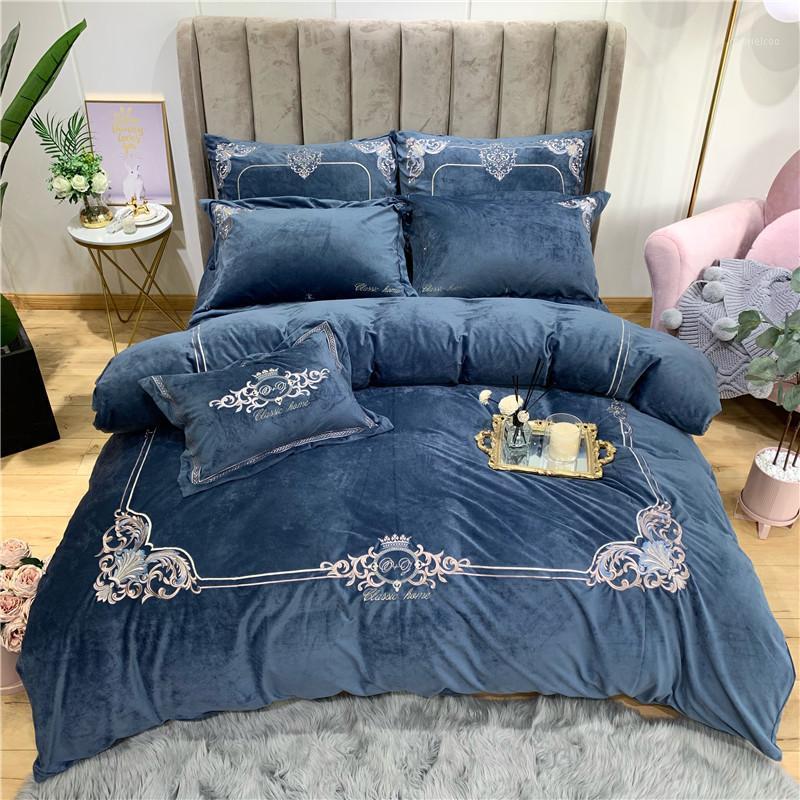 

J5Classic embroidery fleece fabric bed linen blue bedding queen king size duvet cover pillowcases bedspreads Jpcs sets1