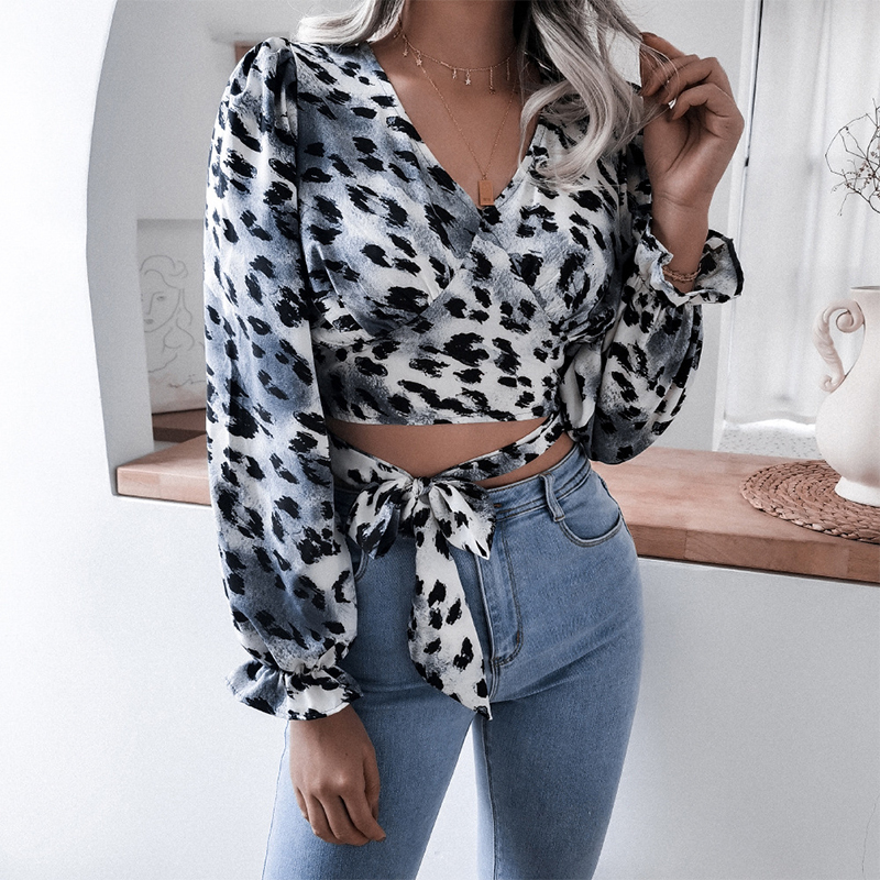 

2021 New Women Spring v Neck Leopard Print Chic Flare Sleeve Lace Up Slim Blouses Female Casual Office Ladies Short Tops 6w1n