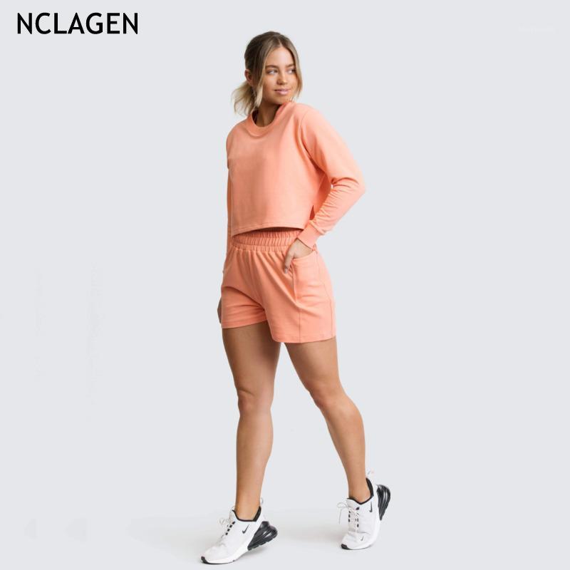 

Women Workout Tracksuit Clothes Fitness Suit Gym Shorts Long Sleeve Crop Top Hoodie Yoga Set Loose Cotton Sportswear NCLAGEN1, Black