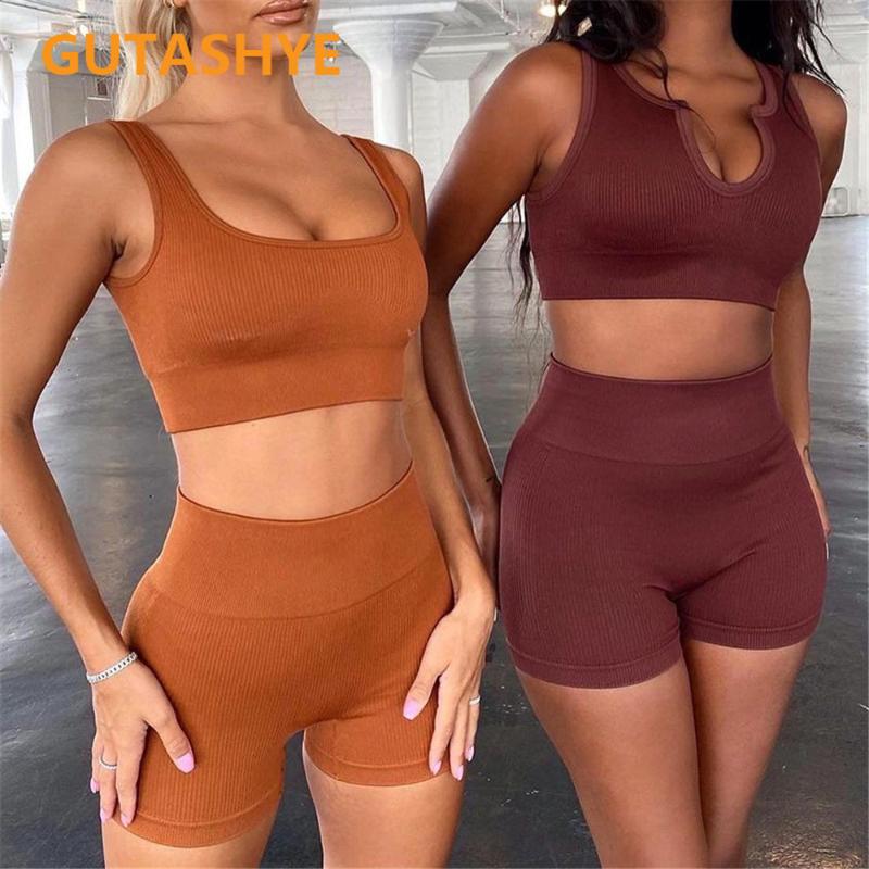 

GUTASHYE Yoga Set Women Crop Top Shorts Gym Clothing Running Fitness Sport Athletic Workout Clothes for Women, U-neck black