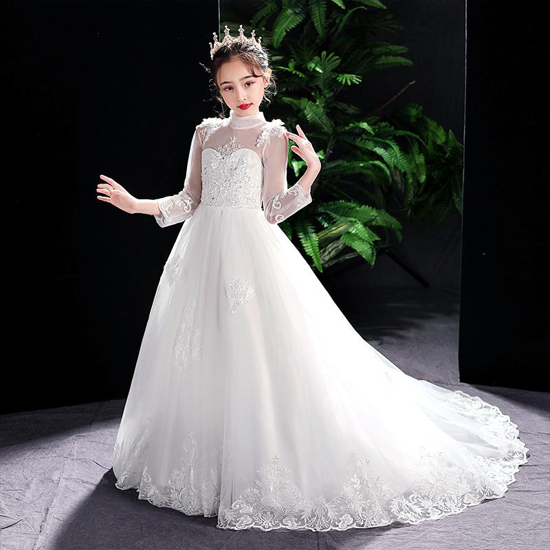 

Elegant Long Trailing Girls Pageant Gowns Pearls Crystal Appliqued Birthday Party Dress Kids Walk Show First Communion Robe, As the photo