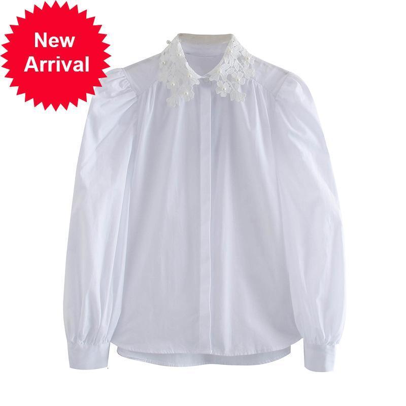 

New High 2021 Street Sweet Elegant Blouse Clothes Fall Fashion Design New Long Curly Sleeve Lapel Collar White Shirt Top R4L5, Beige
