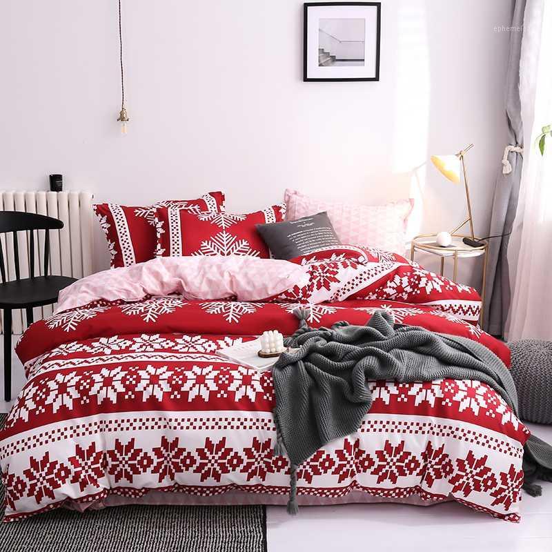 

BEST.WENSD Quality Red Bedding Set Snowflake Cotton Bedding Set Christmas Winter Wedding Bed Line Duvet Cover Sets Full Sets bed1, As picture