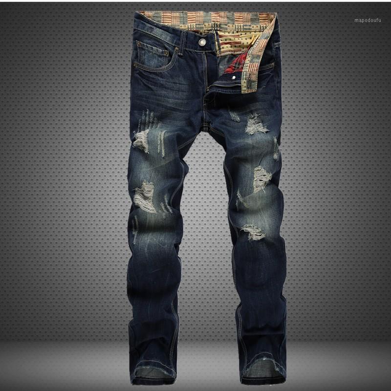 

Wholesale-2016 Brand Fashion Designer Mens Ripped Jeans Worn Hole Straight Fit Denim Pants Casual Denim Trousers European America Style1, As pic