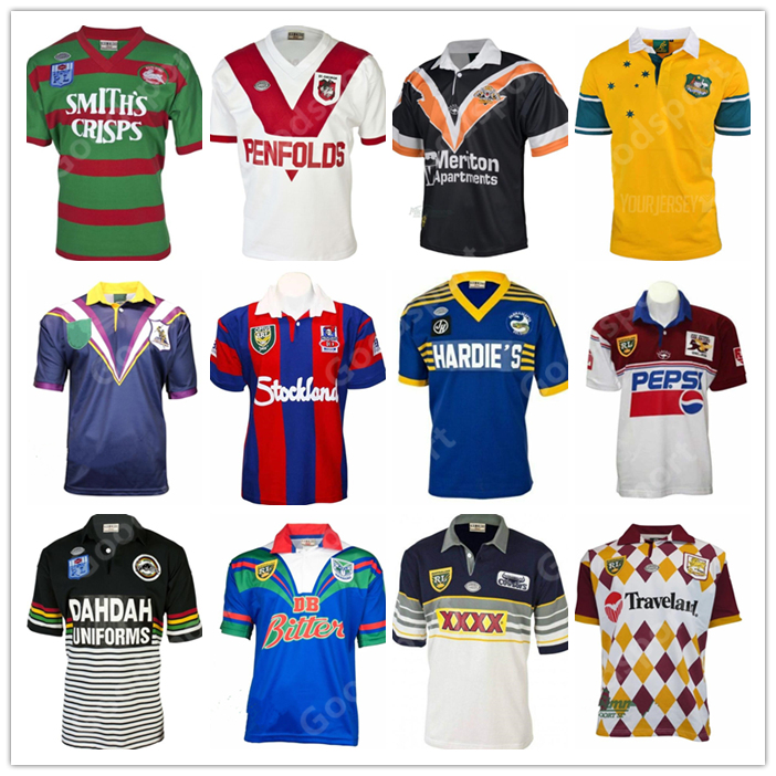 

RETRO Rugby Jersey Australia ROOSTER RAIDER SHARK COWBOY KNIGHT STORM WARRIOR TIGER Panthers BRONCO Chiefss ST GEORGE Rabbit SEA EAGLES Parramatta Eels bear shirts