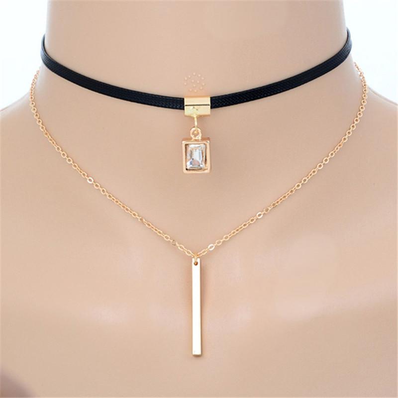 

Fashion Trendy Double Layer Chokers Necklaces Black Faux Leather Choker Collares Bar Square Crystal Pendant For Women Jewelry