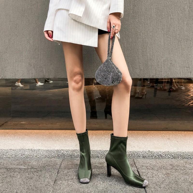

Designer New Ladies Square Toe Stretch Diamonds Satin High Heel Ankle Boots Autumn Winter Fashion Thick Heel Womens Thin Boots, Black