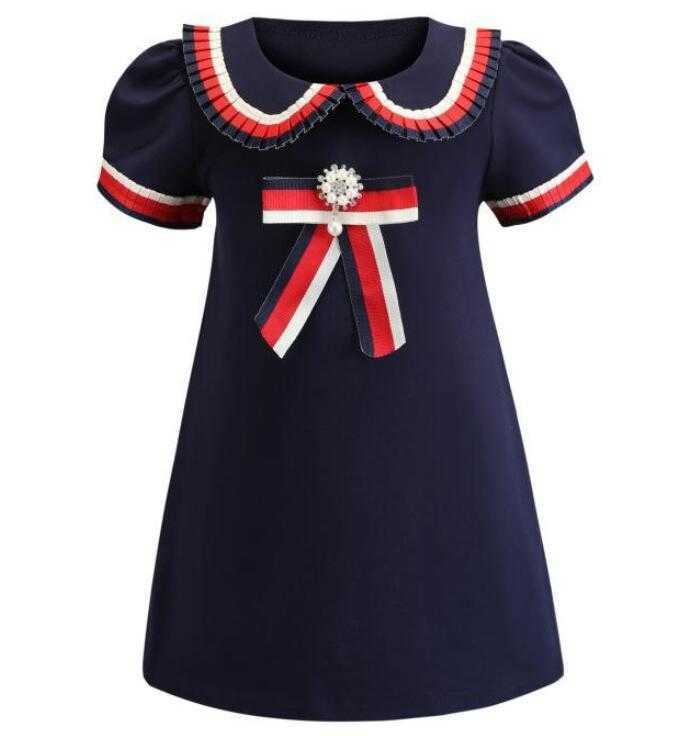 

Retail Baby Girl Dresses Lapel Short Sleeve College Bowknot Cotton Casual Princess Prom Dress Kids Designer Clothes Children's Clo, B#
