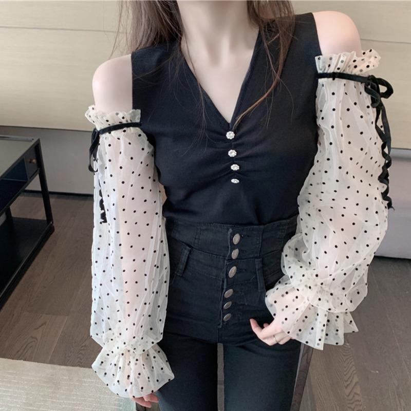 

Mesh Stitching Polka Dot Long Sleeve Pullover Sweater Autumn Winter Sweaters 2020 New Korean Women's Outer Wear Knitted Tops, Picture color
