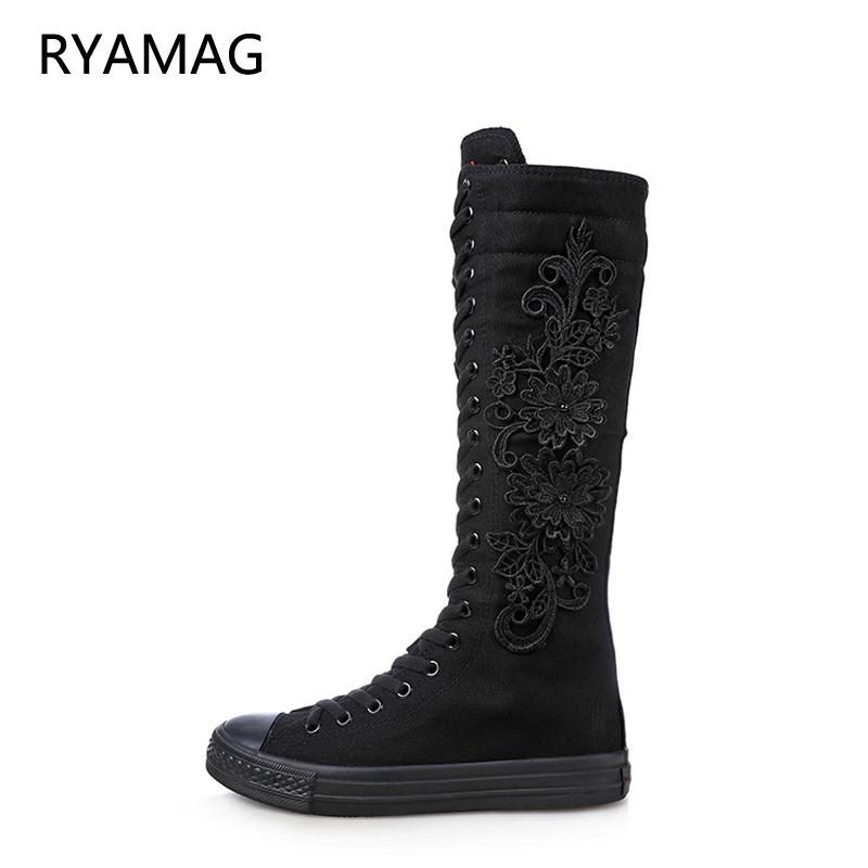 

Ryamag 2021 New Women's Canvas Boots Long Dance Boots Shoes Flats Lace Embroidery Zipper Comfortable Vulcanize Sneakers, Black