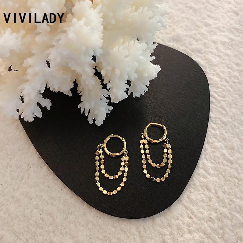 

VIVILADY Normcore Double Layer Geometric Disc Tassel Pendant Round Women Hoop Earrings Chic Charming Gold Color Female Jewelry