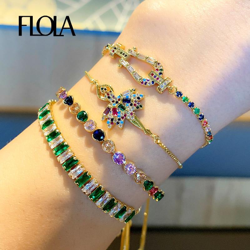 

Charm Bracelets FLOLA Crystal Tennis For Women Gold Rainbow CZ Cubic Zirconia Pave Ajustable Bohemian Jewelry Brtb871