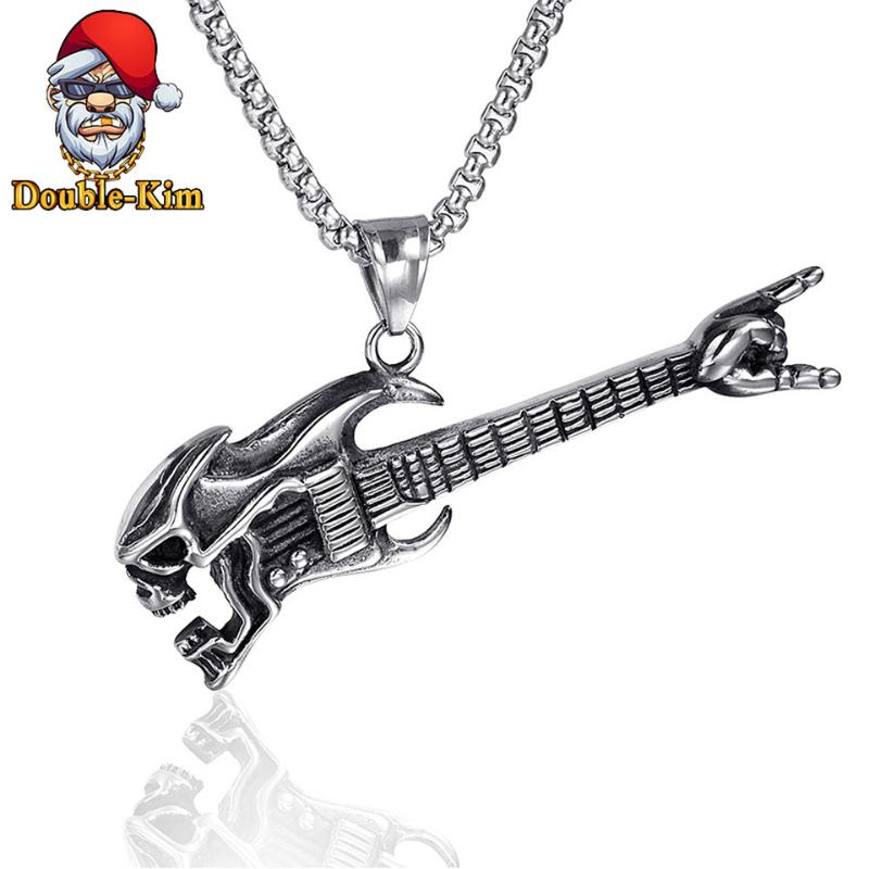 

Rock Skull Guitar Pendant Necklace Men Hip-Hop RAP Street Culture Stainless Steel Silver Color Chain Necklace Men Trend Jewelry