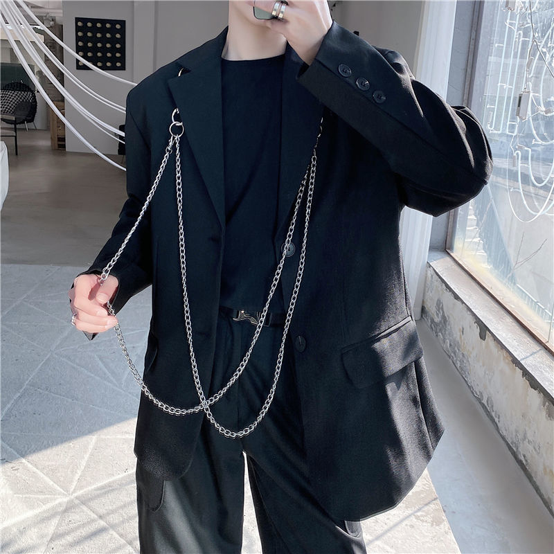 

New 2021 Man Detachable Chain Decoration Suit Men's Fashion Casual Oversize Black Blazer Male Clothing Solid Color Vuyo
