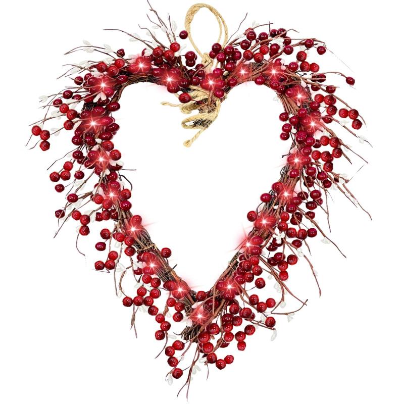 

16inch Heart-shape Valentines Day Decorative Garland with Lights Romantic Holiday Wreath Home Decoration Door Wall Decor Wedding, A-1pcs