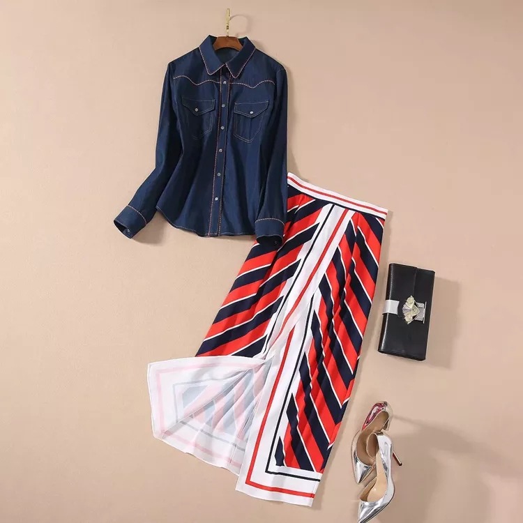 

European and American women's wear 2020 winter new style Long - sleeved single - breasted denim jacket Slit skirt Fashion suits, Blue
