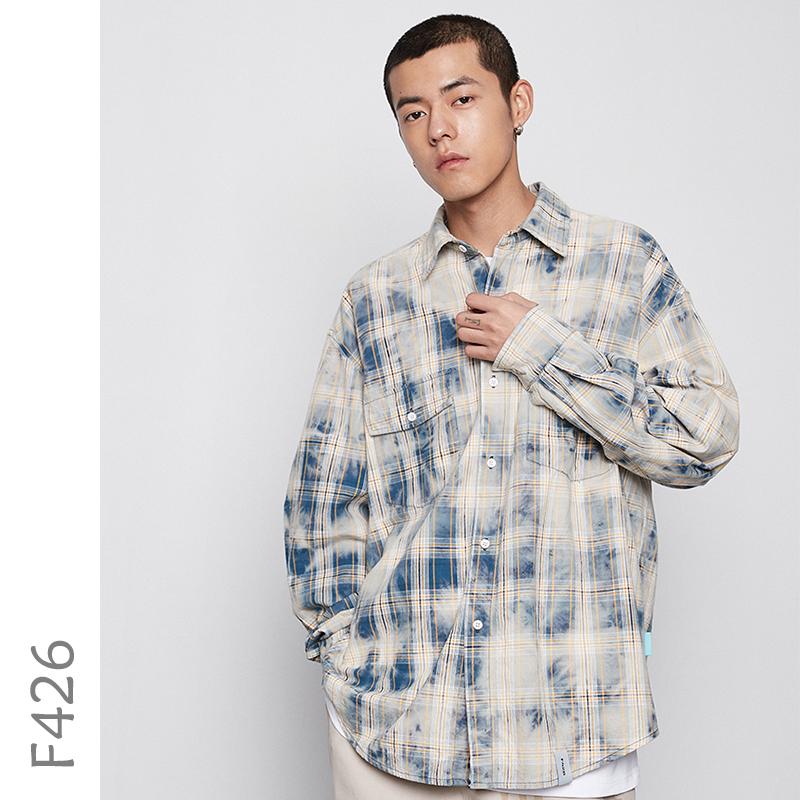 

F426 Oversize Plaid fading Shirt Men 2020 SS Streetwear Unisex Men Shirt Hip Hop Cotton Mens Tops Fashion Clothing, White