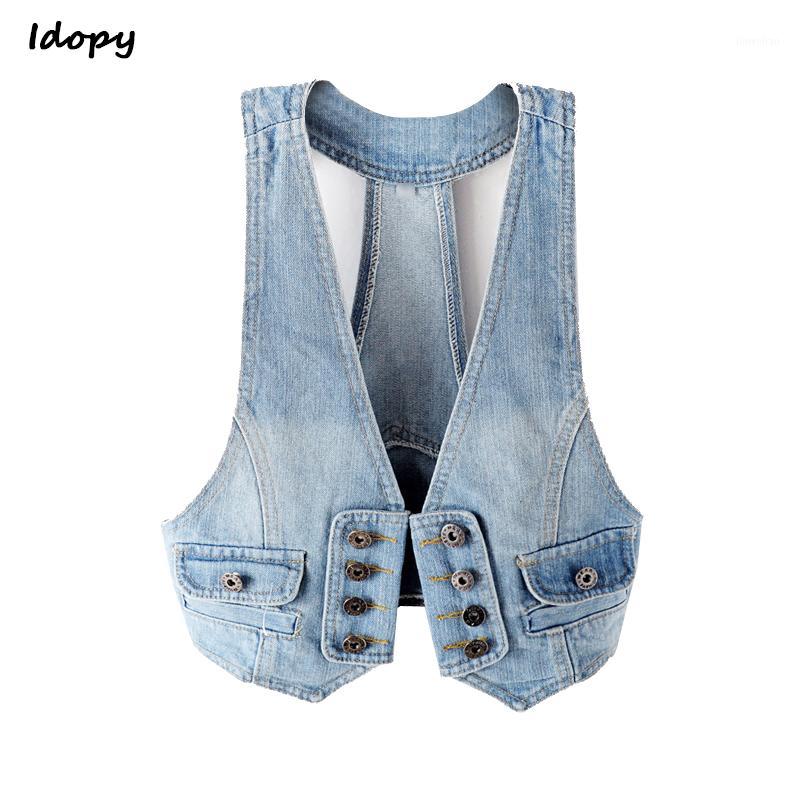 

Idopy Women` Summer Waistcoats Denim Vest Women Sexy Korean Style Halter Sleeveless Jean Jacket Female Slim Veste Femme Coat1, Blue