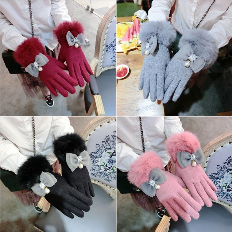 

Hot Winter 4 Colors Female Gloves Handmade Touch Screen Cashmere Wool Blended Warm Mittens Bow-tie Korean Girls Gloves AGB7091