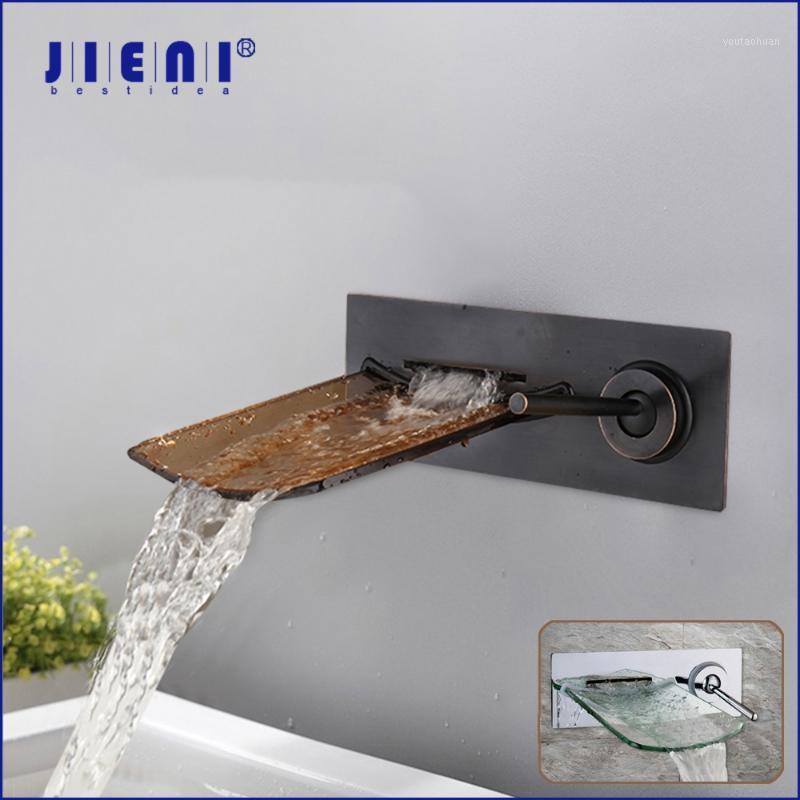 

JIENI Waterfall Bathroom Bathtub Faucet Glass Spout Nickel Brush Chrome Polish Solid Brass ORB Wall Mounted Bathtub Mixer Tap1