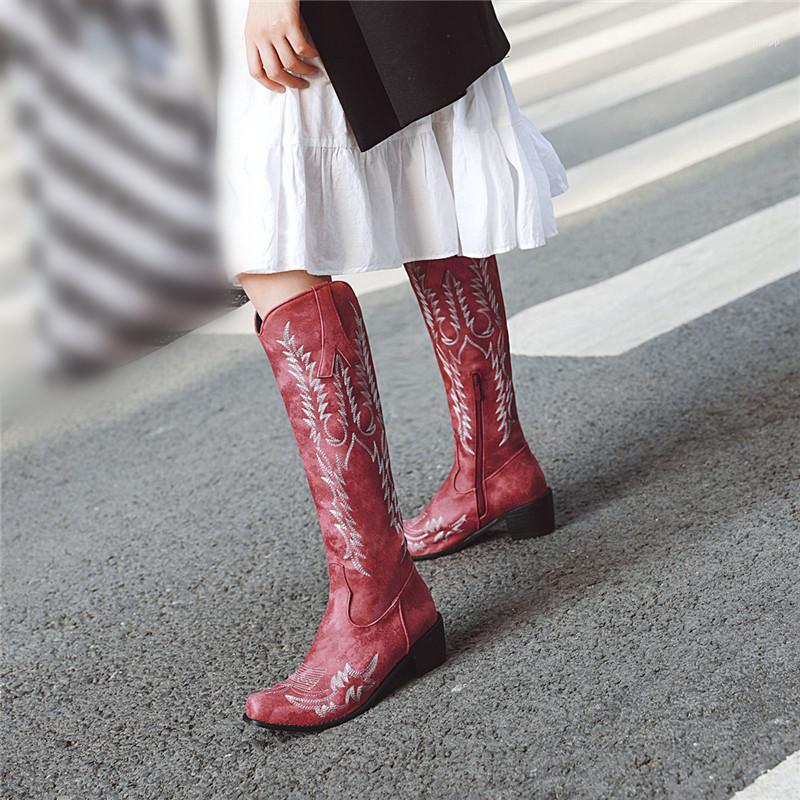 

YMECHIC 2020 Autumn Fashion Embroidery Western Cowboy Block High Heels Knee High Boots Red Black Long Cowgirl Boot Female Shoes1