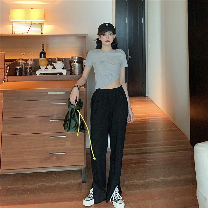 

2021 New Summer elastic waistline and lateral high waist straight down tighter color casual women's pants leg WDMM, Pink pants.