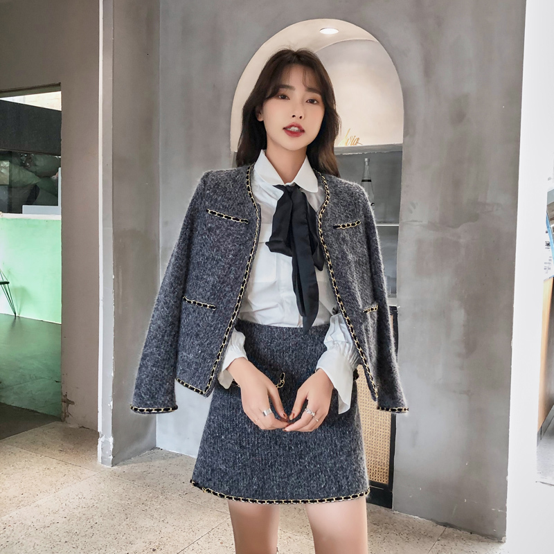 

2021 New woman's suit graceful set jk-suit lady of the office winter elegant ladies fashion 2 piece skirt setsmini suits 3OPW, Dark grey