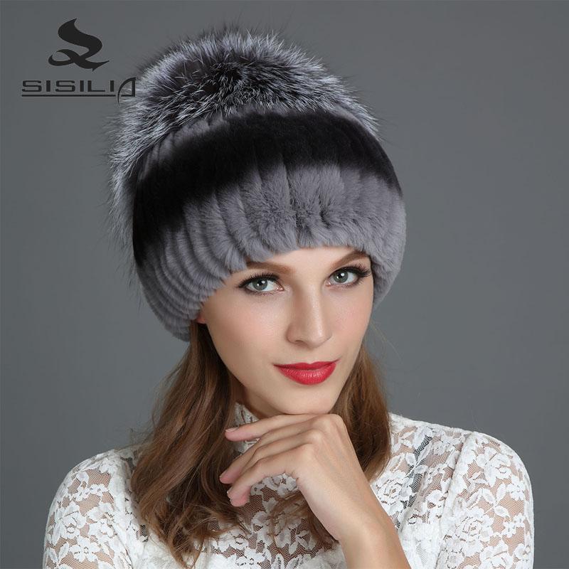 

SISILIA 2020 Winter Fashion New Women's Hats With Real Fur Hat Pom Poms Winter Hats Warm Knitted Cotton Beanies Female Cap, Multi
