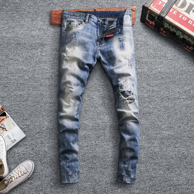 

2021 New Korean Style Fashion Men Jeans Retro Light Blue Elastic Slim Fit Ripped Denim Pants Hombre Streetwear Hip Hop Designer Trousers Upo
