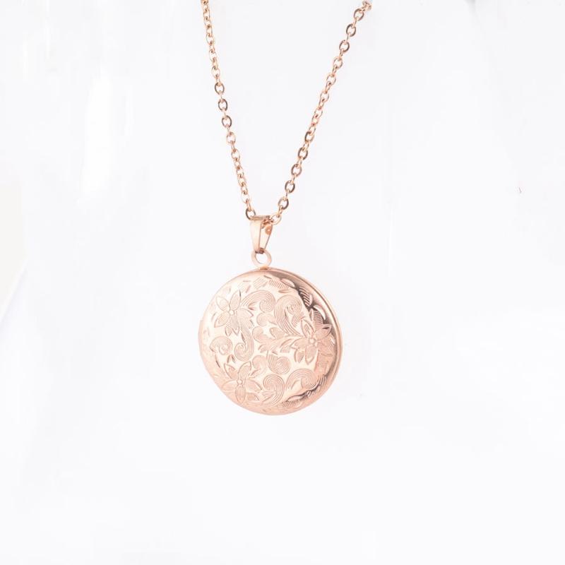 

Summer New Rose Gold Round Flower Pattern Photo Box Pendant Necklaces Fashion Stainless Steel Necklace for Women Jewelry Schmuck