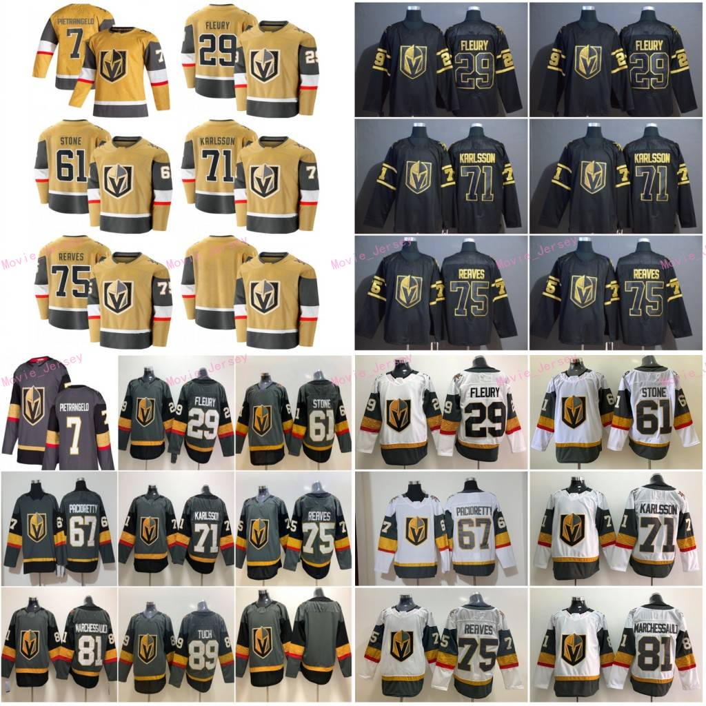 

Vegas Golden Knights 7 Alex Pietrangelo 2020-2021 Gold Third Hockey Jersey 29 Marc-Andre Fleury 61 Mark Stone 71 William Karlsson Pacioretty, Men gray