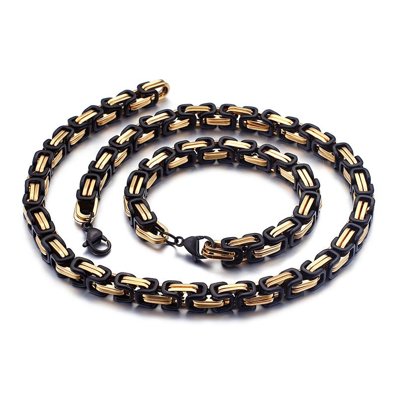 

2020 NE 5mm/6mm/8mm Black Gold Huge Stainless Steel Square Byzantine Chain Necklace Bracelet Hip-Hop Mens Women Jewelry 8''-24