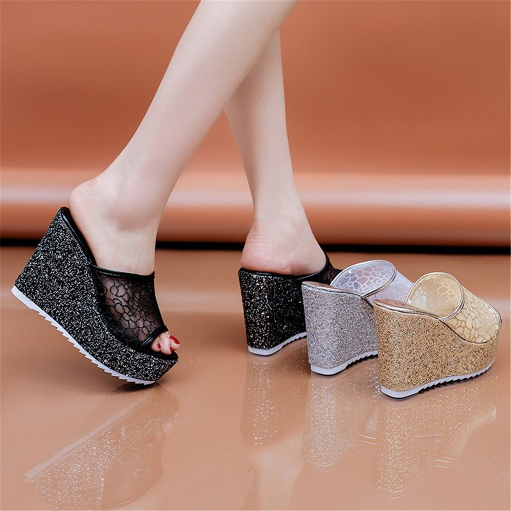 

2021 New Summer Women Dames Bling Slippers Shining Beach Slipper High Heels Black Gold 3Z6Y